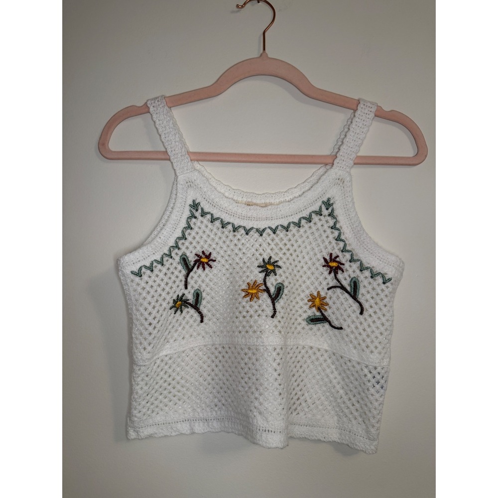 Rebellion Again White Crochet Knit Floral Embroidered Tank Top Small Boho Mesh